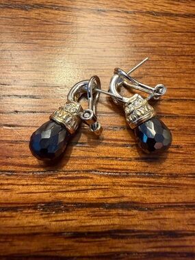 Black Faceted Teardrop Dangle Earrings with Ornate Silver Caps with Crystals